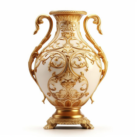 the elegant luxury vase, adorned with intricate designs and patterns, stands out against a pristine white background, showcasing its refined beauty and sophistication, perfect for adding a touch of glamour to any home decor or interior design setting. ai generatedの素材