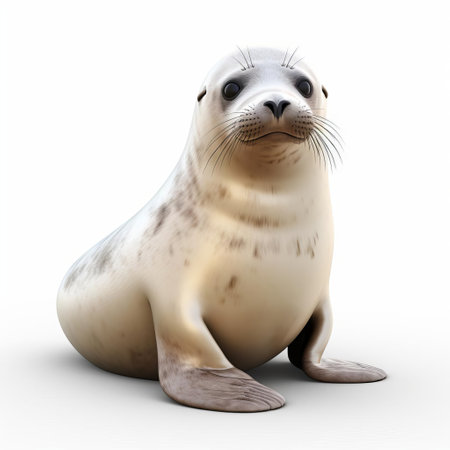 a majestic seal, meticulously crafted in 3d rendering, poses regally against a pristine white background, showcasing its sleek fur and expressive eyes, evoking a sense of marine wildlife and aquatic beauty, perfect for nature enthusiasts and designers alike. ai generatedの素材