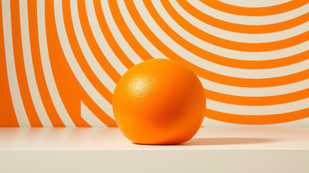the vibrant tangerine sphere, set against a stark white background, bursts with energy in this mesmerizing op art-inspired photograph, showcasing a mesmerizing dance of geometric shapes and bold, contrasting colors, evoking a sense of dynamic movement and visual tension. ai generatedの素材