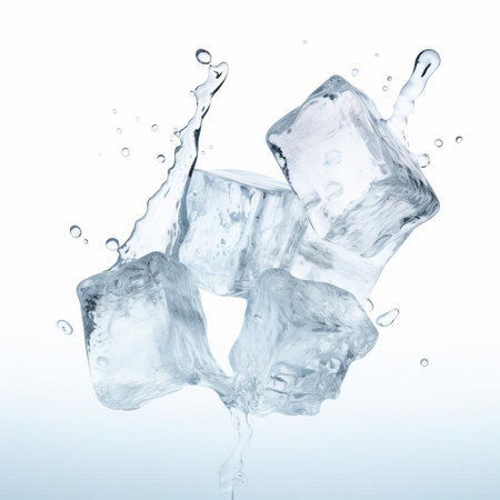 ice cubes glisten on a pristine white background in this simplistic yet striking photo, showcasing the crystal clear beauty of frozen water, perfect for use in cooking, drinks, or as a decorative element in food styling and photography. ai generatedの素材