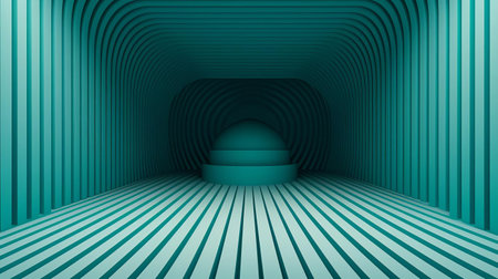 sphere is situated within a futuristic tunnel-like structure, characterized by converging teal and white stripes, evoking a sense of modernity and minimalism, reminiscent of cutting-edge architecture, with clean lines and a sleek, high-tech ambiance, perfect for futuristic and sci-fi themed designs. ai generatedの素材