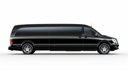 the luxurious van-limousine stands proudly isolated on a pristine white background, showcasing its sleek design, spacious interior, and lavish amenities, perfect for weddings, proms, and other special occasions, offering a comfortable and stylish ride for passengers. ai generatedの素材