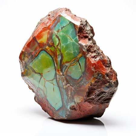 the willemite stone, a rare zinc silicate mineral, showcases its vibrant green fluorescence against a pristine white background, highlighting its unique crystal structure and mesmerizing optical properties, perfect for mineral collectors and enthusiasts of fluorescent minerals. ai generatedの素材