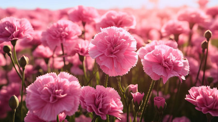 the dianthus flower field stretches as far as the eye can see, showcasing a vibrant tapestry of pink, red, and white hues, with delicate petals and slender stems swaying gently in the breeze, creating a picturesque scene of natural beauty and serenity, perfect for nature lovers and photographers. ai generatedの素材