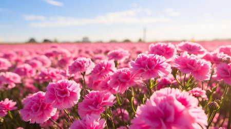 dianthus flowers sway gently in the breeze, filling a vibrant field with a kaleidoscope of colors, from soft pastel hues to bold crimson shades, creating a stunning landscape perfect for nature lovers, photographers, and anyone seeking serenity in a picturesque setting. ai generatedの素材