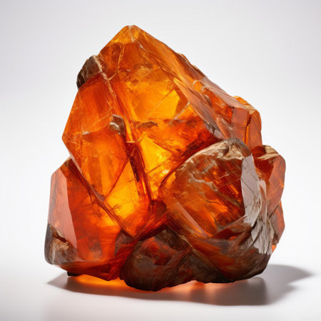 the clinohumite stone, a rare and exotic mineral, glistens against a pristine white background, showcasing its unique crystal structure and subtle orange-yellow hue, a true marvel of geological formation, perfect for collectors and enthusiasts of rare gemstones and mineral specimens. ai generatedの素材