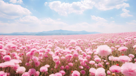 the vibrant dianthus flower field stretches as far as the eye can see, showcasing a stunning display of delicate pink and white blooms, swaying gently in the breeze, creating a picturesque landscape perfect for nature lovers and photography enthusiasts alike. ai generatedの素材