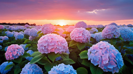 hydrangea flowers bloom vibrantly in this stunning field, surrounded by lush greenery and serene natural beauty, creating a picturesque landscape perfect for relaxation and photography, with delicate blue and pink petals swaying gently in the breeze. ai generatedの素材