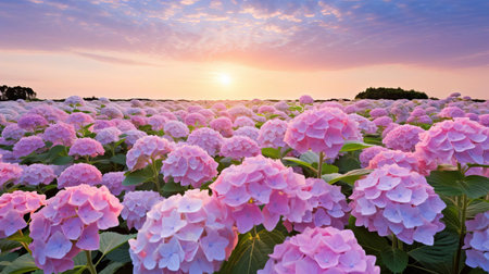 hydrangea flowers bloom vibrantly in this stunning field, showcasing their delicate blue and pink hues amidst lush green foliage, creating a serene and picturesque landscape perfect for nature lovers and photography enthusiasts alike. ai generatedの素材