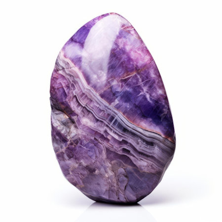 the charoite stone, a rare and powerful mineral, glistens against a pristine white background, showcasing its deep purple hue and swirling patterns, evoking a sense of mysticism and spiritual connection, perfect for healing practices, meditation, and energy work. ai generatedの素材