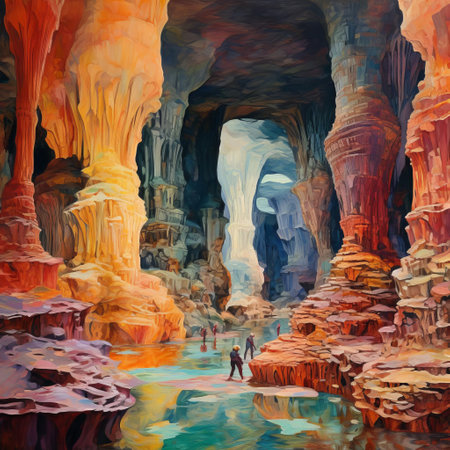the ancient cave, bathed in warm, golden light, showcases the vibrant colors and bold brushstrokes of post-impressionism, a style that rejected traditional techniques, embracing expressive freedom and emotional depth, as seen in the works of artists like paul gauguin and vincent van gogh. ai generatedの素材