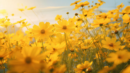 the vibrant coreopsis flower field stretches as far as the eye can see, showcasing a stunning display of bright yellow and orange blooms swaying gently in the breeze, creating a picturesque landscape perfect for nature lovers and photographers alike, capturing the essence of summer's warmth and beauty. ai generatedの素材