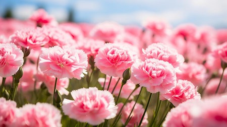 the dianthus flower field stretches as far as the eye can see, showcasing a vibrant tapestry of pink, red, and white hues, with delicate petals swaying gently in the breeze, creating a serene and idyllic landscape perfect for nature lovers and photography enthusiasts alike. ai generatedの素材