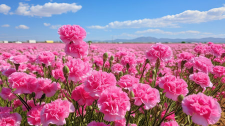 dianthus flowers sway gently in the breeze, filling this vibrant field with a kaleidoscope of colors, from soft pastel hues to bold crimson shades, creating a picturesque landscape perfect for nature lovers and photography enthusiasts alike, capturing the beauty of these delicate blooms in full bloom. ai generatedの素材