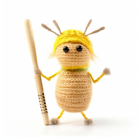 the cricket, intricately knitted with vibrant colors and delicate details, sits isolated on a pristine white background, showcasing the artisan's skillful craftsmanship and attention to detail, perfect for textile enthusiasts and nature lovers alike, evoking a sense of whimsy and nostalgia. ai generatedの素材