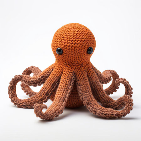 the octopus, crafted from soft yarn through intricate knitting techniques, sits alone on a pristine white background, showcasing its vibrant colors and delicate tentacles, perfect for use in marine life, ocean-inspired, or handmade craft-themed designs and projects. ai generatedの素材