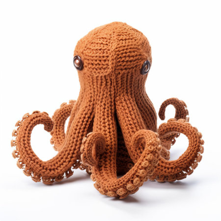 the knitted octopus, with its vibrant colors and intricate details, sits proudly isolated on a pristine white background, showcasing the skilled craftsmanship of the textile artist, perfect for use in educational projects, marine life illustrations, or as a whimsical design element. ai generatedの素材