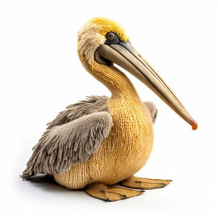 the pelican, crafted from soft yarn through intricate knitting techniques, sits proudly isolated on a pristine white background, showcasing its vibrant plumage and unique beak, perfect for use in creative projects requiring a touch of whimsy and texture. ai generatedの素材