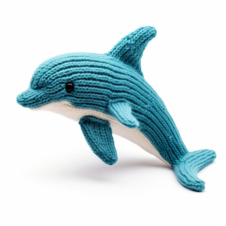 the dolphin, crafted from soft and cozy yarn, sits proudly on a pristine white background, showcasing the intricate details of its knitted body, complete with a dorsal fin and friendly facial expression, making it a charming addition to any marine-life or textile-themed collection. ai generatedの素材