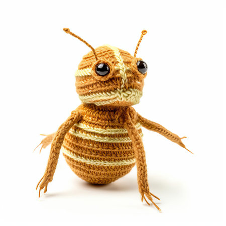 the cricket, with its intricate details and vibrant colors, is beautifully showcased against a pristine white background, highlighting the exceptional craftsmanship of the knitted figurine, perfect for decorative purposes or as a unique gift for cricket enthusiasts. ai generatedの素材