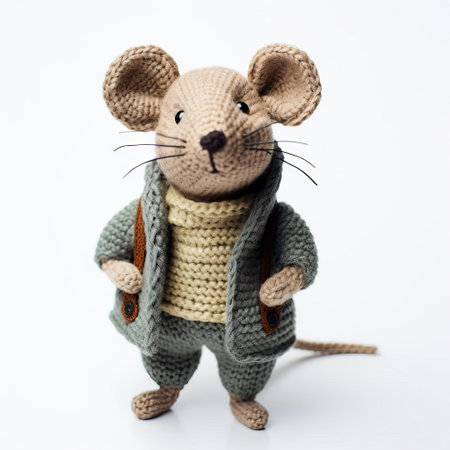 the knitted rat, with its intricately stitched fur and cute facial features, sits isolated on a pristine white background, showcasing the artisan's skill in creating a lifelike amigurumi toy, perfect for craft enthusiasts and animal lovers alike, highlighting the beauty of handmade textiles and fiber art. ai generatedの素材