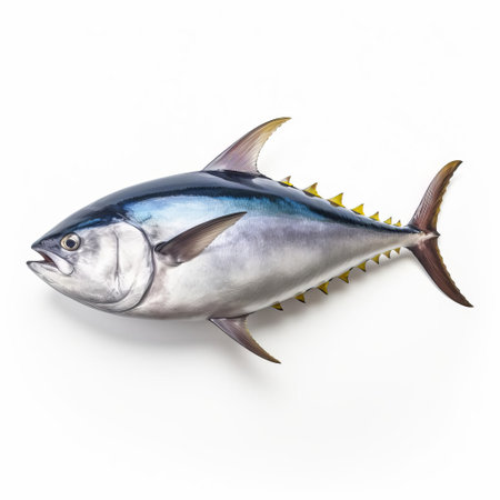 tuna, a popular seafood choice, is showcased in this high-quality close-up image, captured from a top view against a pristine white background, highlighting its firm texture and vibrant pink color, perfect for culinary and design applications. ai generatedの素材