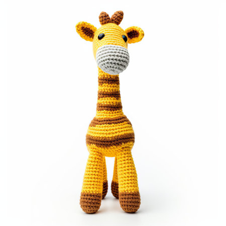 giraffe, a beautifully crafted knitted toy, sits isolated on a pristine white background, showcasing its intricate details and vibrant colors, perfect for a nursery decoration or a cuddly gift for a baby or toddler, evoking feelings of warmth and playfulness. ai generatedの素材