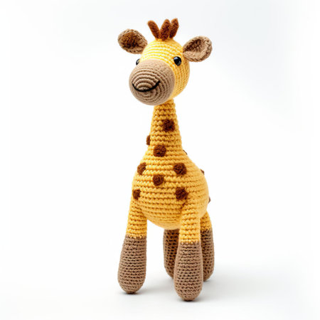 giraffe, crafted with precision and care, stands proudly on a pristine white background, showcasing its vibrant orange and yellow hues, intricately knitted details, and adorable facial features, making it a perfect addition to any nursery or child's room decoration. ai generatedの素材
