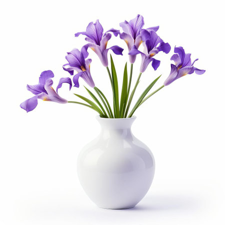 the round vase, adorned with elegant curves, beautifully showcases the majestic iris flower, its delicate petals and vibrant colors standing out against a pristine white background, creating a stunning still-life composition perfect for floral arrangement inspiration and home decor ideas. ai generatedの素材