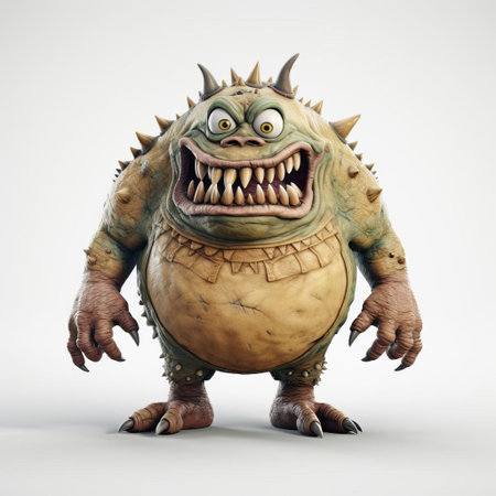 the ferocious 3d monster, depicted in stunning digital art, stands proudly on a crisp white background, showcasing its full body in all its terrifying glory, with razor-sharp claws, glowing red eyes, and scaly skin, perfect for fantasy and horror enthusiasts. ai generatedの素材