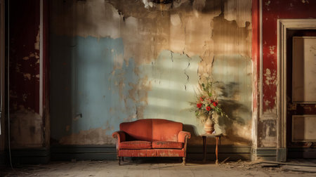 the corner of this worn-out room desperately needs renovation, with peeling paint, cracked walls, and a faded floor, crying out for a fresh coat of paint, new flooring, and some tlc to restore its former glory and functionality. ai generatedの素材