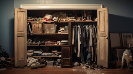 the cluttered closet, overflowing with clothes and accessories, desperately requires a renovation to become a stylish and functional storage space, featuring a fresh coat of paint, new shelving, and organized compartments to maximize its potential. ai generatedの素材