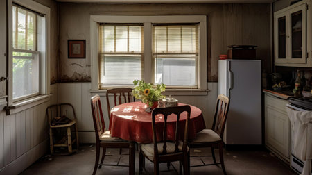 this cozy dining nook, surrounded by worn-out walls and outdated furniture, is in dire need of a renovation to bring it back to its former glory, with a fresh coat of paint, new flooring, and modern decor to create a warm and inviting atmosphere perfect for family gatherings and dinner parties. ai generatedの素材
