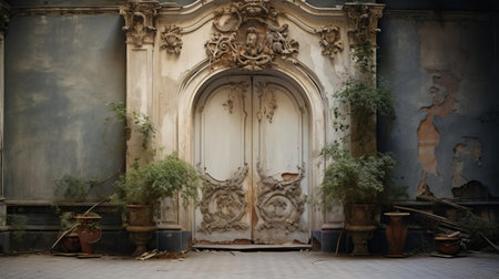 the entrance, worn and weathered, stands in dire need of renovation, its once-grand facade now faded and chipped, with peeling paint and rusty metalwork crying out for a fresh coat and some tlc to restore its former glory, perfect for a before-and-after renovation project. ai generatedの素材