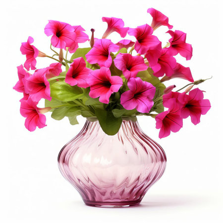 the vase, filled with vibrant petunia flowers, stands elegantly against a pristine white background, showcasing the delicate petals and subtle color variations of the blooms, perfect for floral arrangements, home decor, and still life photography inspiration. ai generatedの素材