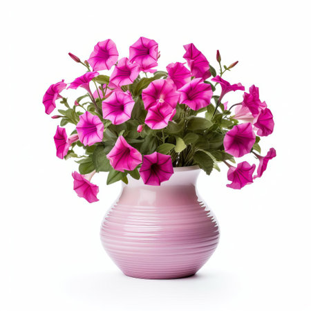 the vase, adorned with delicate curves and subtle patterns, beautifully showcases the vibrant petunia flowers, their trumpet-shaped blooms a mesmerizing blend of pink and white hues, isolated on a pristine white background, perfect for floral arrangement inspiration or still life photography. ai generatedの素材