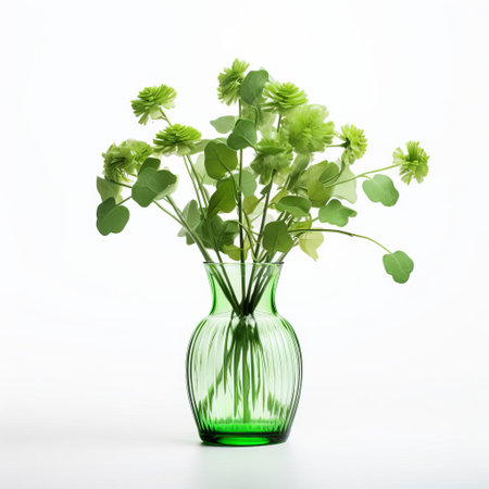 the elegant clover vase overflows with a vibrant bouquet of fresh flowers, beautifully isolated on a crisp white background, showcasing the delicate petals and lush greenery of this charming floral arrangement, perfect for spring and summer decor inspiration. ai generatedの素材