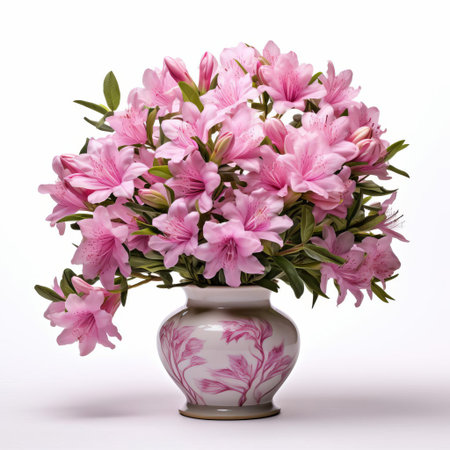 the vase, adorned with delicate curves and subtle nuances, proudly showcases a beautiful rhododendron bloom, its vibrant pink petals and lush green leaves popping against a pristine white background, evoking feelings of serenity and elegance in this stunning still life photography. ai generatedの素材