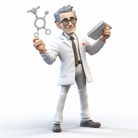 a scientist in a 3d illustration stands confidently against a pure white background, wearing a crisp white lab coat and goggles, surrounded by various scientific equipment and tools, conveying a sense of innovation and discovery in the fields of biology, chemistry, and physics. ai generatedの素材