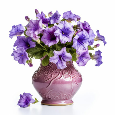 the vase, adorned with a beautiful petunia flower, sits elegantly on a pristine white background, showcasing its delicate petals and vibrant purple hue, perfect for home decor inspiration, floral arrangement ideas, and still life photography enthusiasts. ai generatedの素材