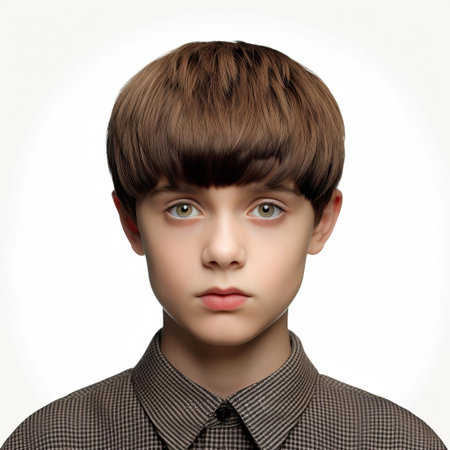 boys attire showcases a stylish brown and white gingham collared shirt, elegantly paired with a subtle black tie, exuding a sense of sophistication and refinement, thanks to its minimalist and monochromatic color scheme, beautifully set against a crisp white background, perfect for formal events and portraits. ai generatedの素材