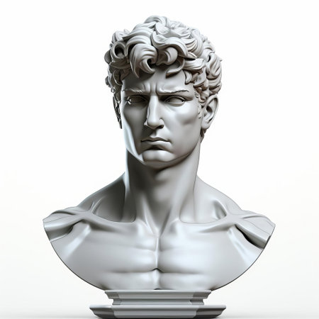 the iconic 3d david sculpture stands proudly against a pristine white background, its intricate details and lifelike texture showcased in stunning clarity, with its slicked-back hair adding a touch of sophistication to this masterpiece of renaissance art. ai generatedの素材