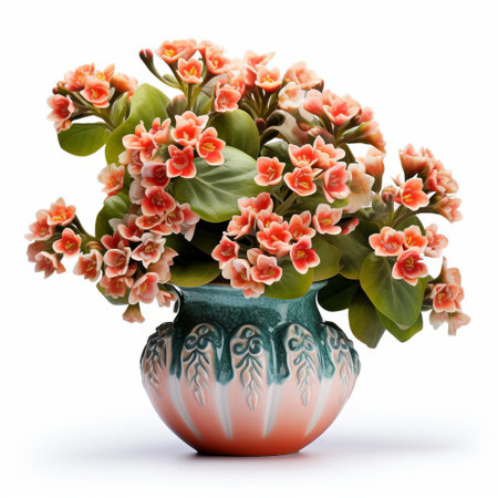 the vase, filled with vibrant kalanchoe flowers, stands out against a crisp white background, showcasing the delicate petals and intricate details of this popular succulent plant, perfect for home decor and interior design inspiration. ai generatedの素材