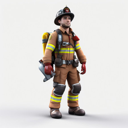 wyatt the firefighter stands proudly in his full-body 3d rendering, dressed in his sleek firefighting gear, against a crisp white background, showcasing his bravery and heroism, ready to tackle any emergency situation, with his helmet, coat, and oxygen tank at the ready. ai generatedの素材