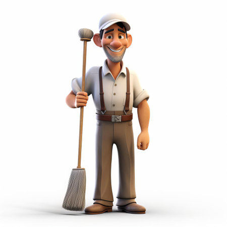 the janitor, a 3d model of michael, stands proudly in a full-body pose against a crisp white background, showcasing his bright yellow gloves and cleaning cart, perfect for illustrations and designs requiring a friendly maintenance worker character. ai generatedの素材