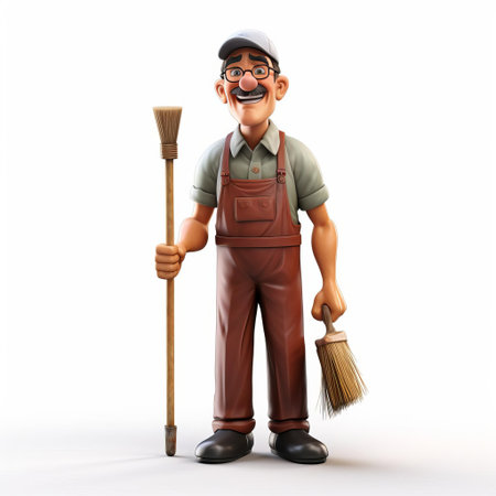 a 3d henry janitor, standing in a relaxed pose, is showcased against a crisp white background, highlighting the intricate details of his uniform and cleaning equipment, perfect for illustrations, animations, and digital designs requiring a friendly maintenance staff character. ai generatedの素材