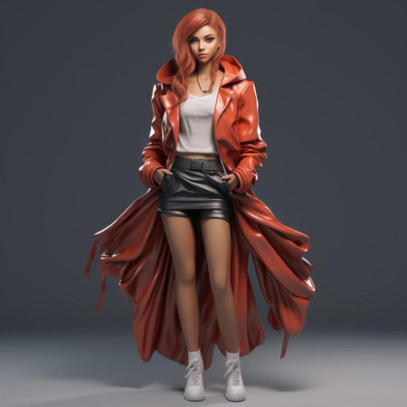 alyssa, a stunning 3d fashion model, poses confidently in a sleek outfit, showcasing her slender physique and trendy style, with intricate details and textures that bring her to life, perfect for fashion designers, 3d artists, and enthusiasts alike. ai generatedの素材