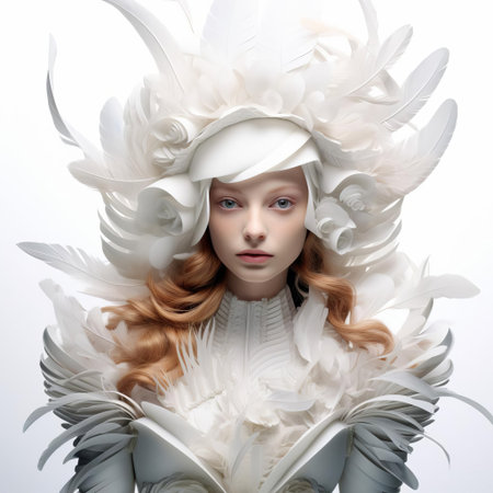 the queen elizabeth figurine stands regally against a pristine white background, adorned with intricately designed feathered details that add a touch of elegance to her royal attire, showcasing exceptional 3d modeling skills and attention to detail in this stunning digital artwork. ai generatedの素材