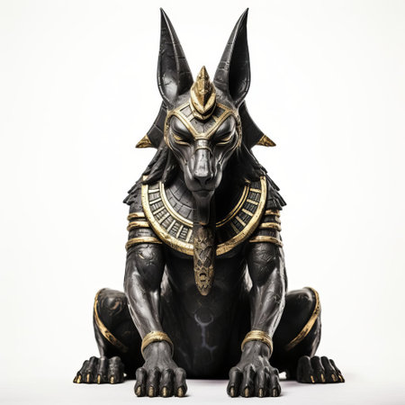 anubis, the ancient egyptian god of mummification and the afterlife, stands majestically against a pristine white background, his jackal-like features and regal demeanor exuding power and mystery, evoking a sense of reverence and awe in this stunning black and white photography. ai generatedの素材