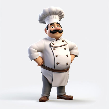 the chef, dressed in a crisp white apron and hat, stands confidently in a 3d pose, showcasing his culinary skills against a clean white background, evoking a sense of professionalism and expertise in the kitchen, perfect for cooking, food, and restaurant-themed designs. ai generatedの素材